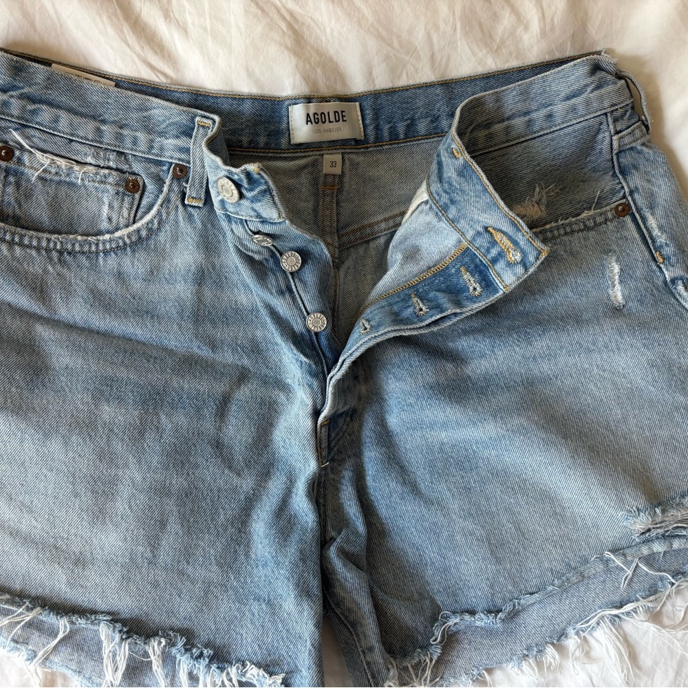 AGOLDE Parker Long Shorts in Swapmeet Blue Jean Shorts Relaxed Fit Frayed Hem